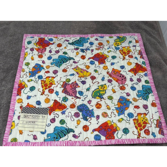 Hand-Sewn Quilt Wall Hanging Block Red Pink CAT Applique - Picture 4 of 7